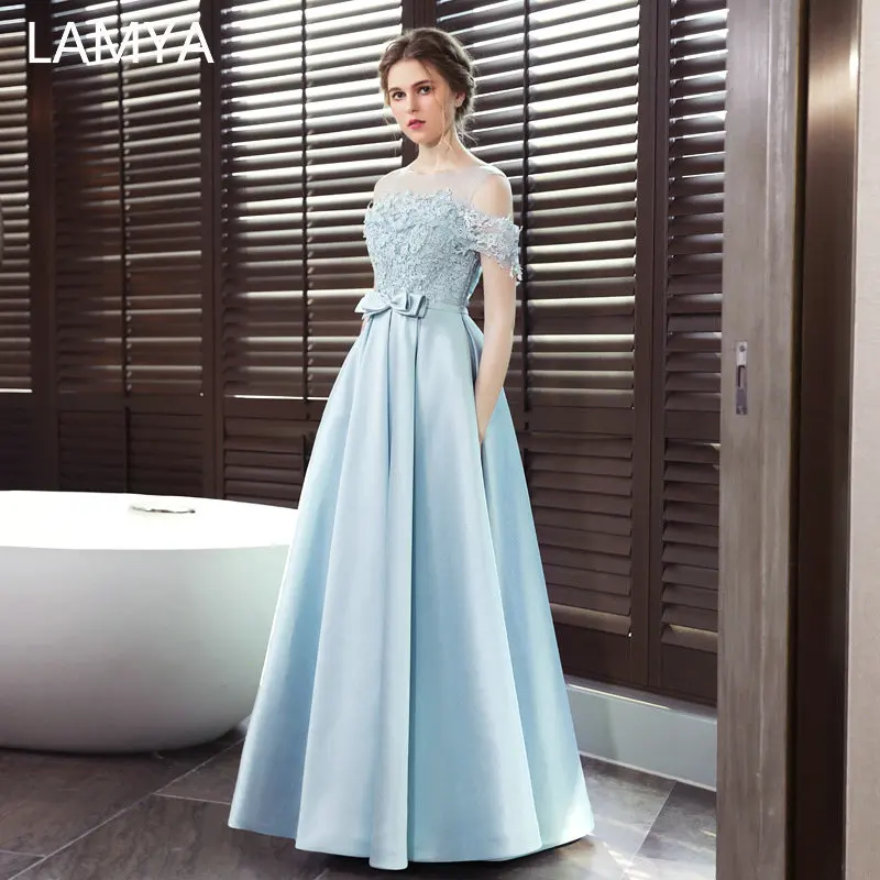 

LAMYA 2019 Long Satin A Line Evening Dress O Neck Lace Banquet Party Dress Appliques Prom Dresses vestido de festa