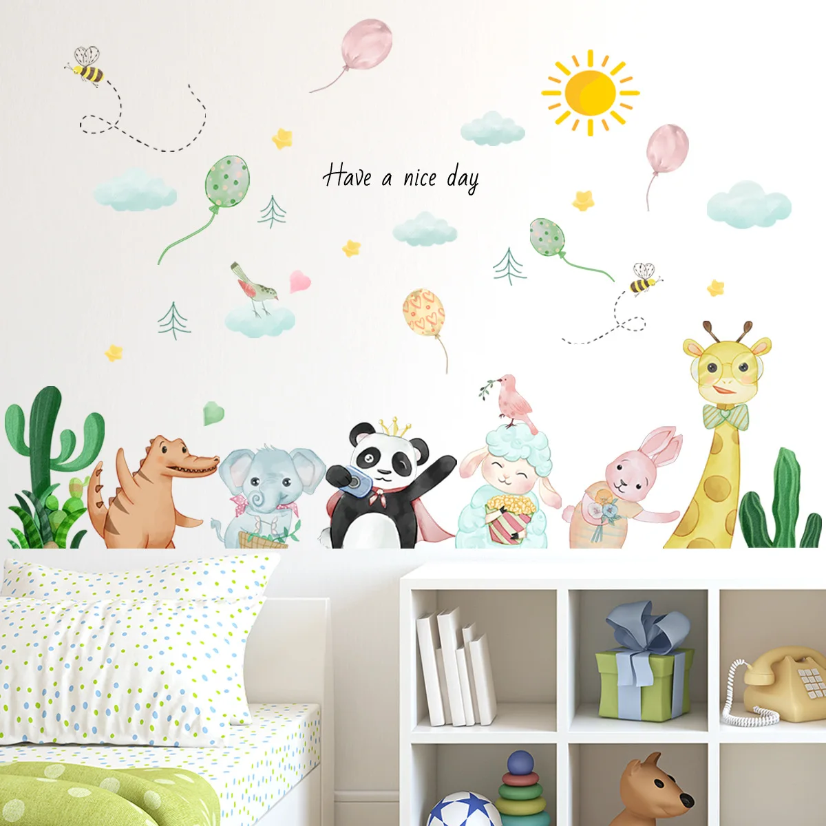 Adesivo da parete Adesivi murali rimovibili-Per la decorazione domestica della camera rullo di altezza della scuola materna del fumetto-Scimmia di frutta della giraffa Misura il grafico di altezza 