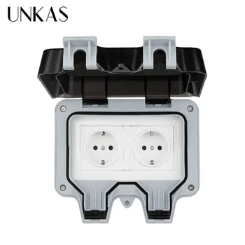 

UNKAS IP66 Weatherproof Waterproof Outdoor Wall Power Socket 16A Double EU Standard Electrical Outlet Grounded AC 110~250V