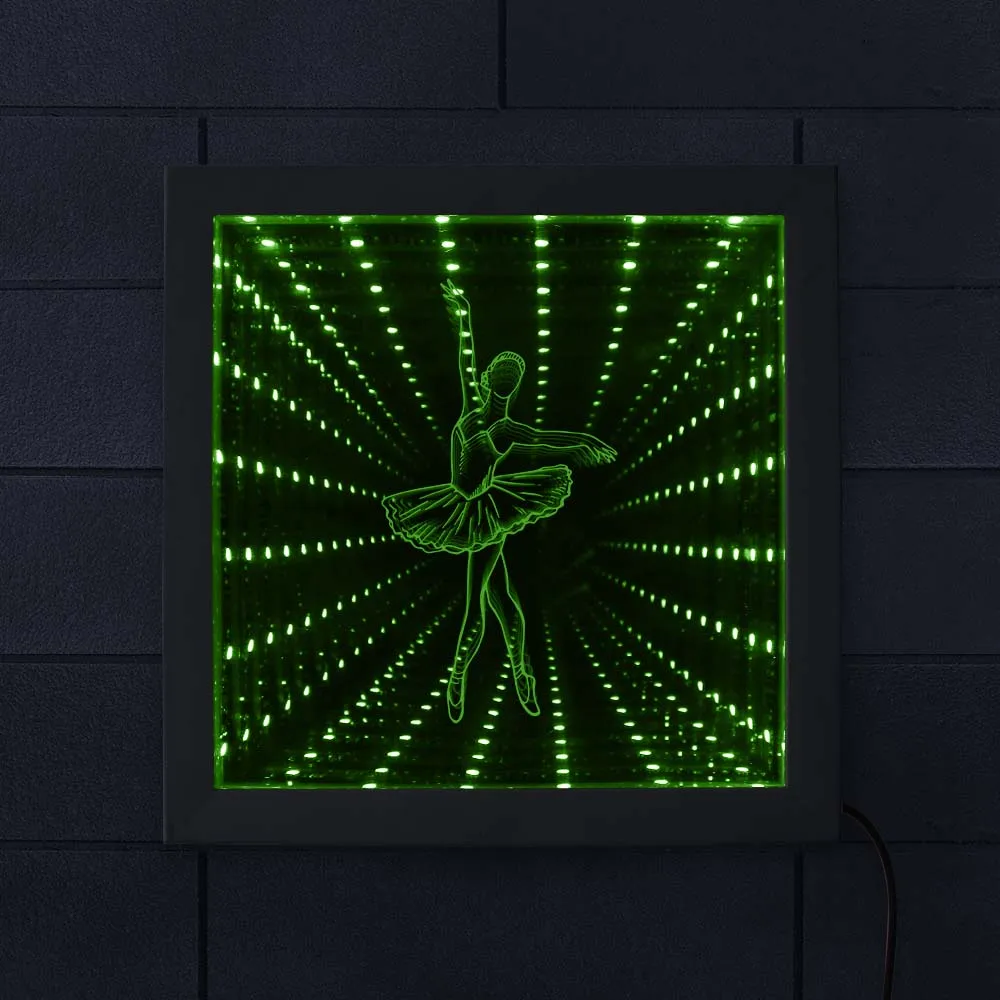 Ballet Dancer Sport Led Tunnel Lamp Infinity Mirror Night Light Dancing Ballerina Studio 3D Wall Table Wood Frame Girls