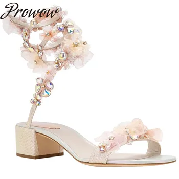 

Prowow New Genuine Leather Pink Summer Elegant Ladis Snake Shap Floral Emblishment Thick Heel Sandals Shoes Women