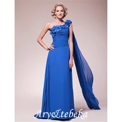A-Line Mother of the Bride Dress One Shoulder Watteau Train Sweep / Brush Train Chiffon Sleeveless with Side Draping Flower 2021
