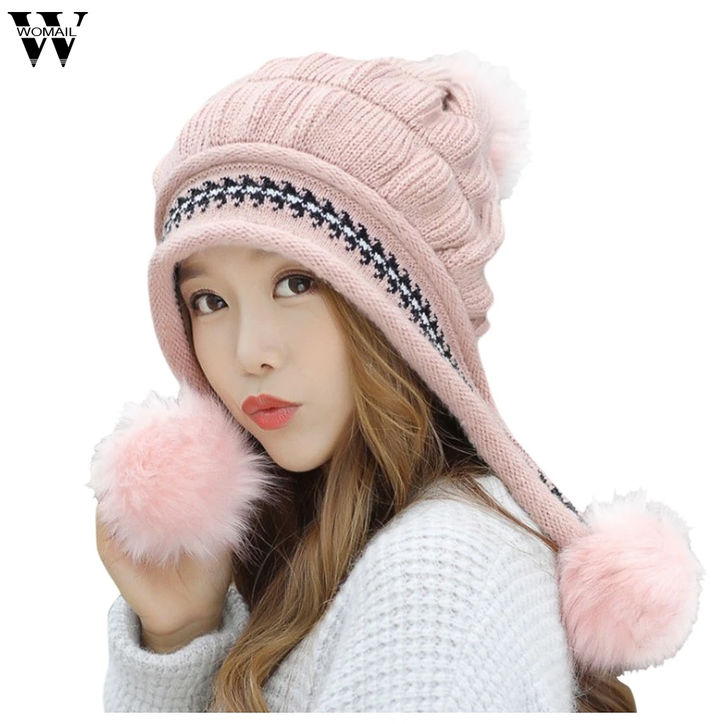 Girl Fur Pom Poms Ball Scarf Knitted Winter Hat Women Beanie Hat Thick Female Cap Solid Thick Warm Solid Earmuffs Woollen Hat