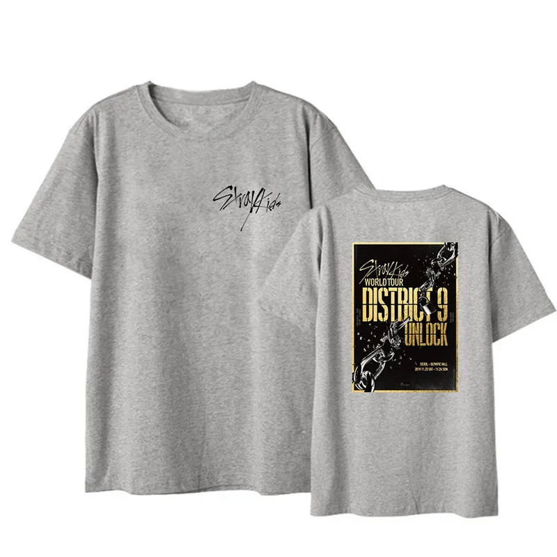 Футболки с альбомом Kpop StrayKids World Tour District 9 Unlock свободная одежда в стиле хип-хоп футболка Топы с короткими рукавами, футболка DX1262 - Цвет: Grey