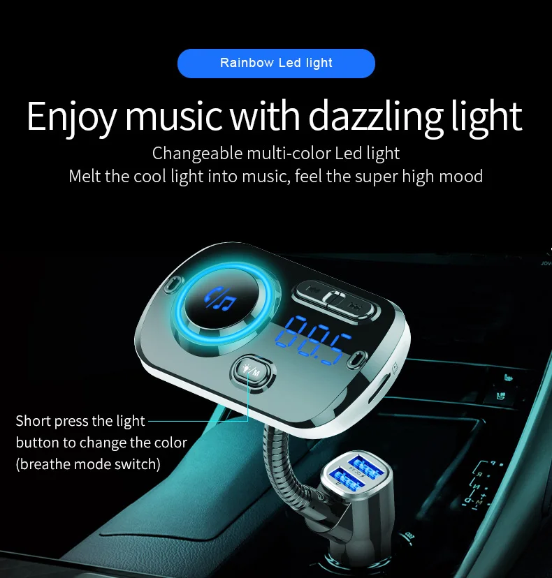 Bluetooth 5,0 fm-передатчик автомобильный набор гарнитуры с Bluetooth AUX аудио беспроводной Автомобильный MP3-плеер QC3.0 быстрое зарядное устройство Радуга светодиодный свет