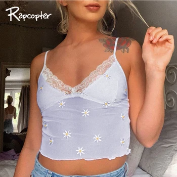 

Rapcopter Daisy Embroidery Women Y2K Camis Lace Patchwork Backless Mesh Cute Tee Tops Sleeveless Slim Tank Top Sweet Party Tops