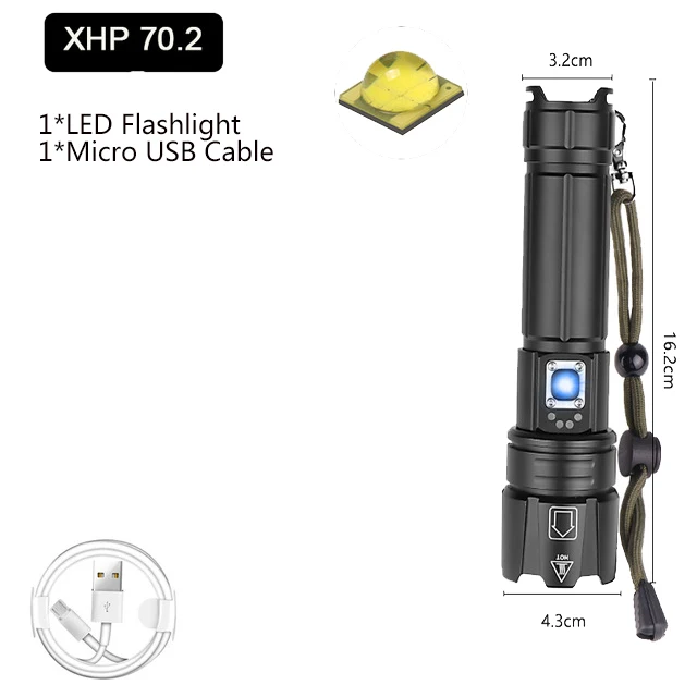 Package E Мощный фонарик XHP70.2, перезаряжаемый через USB, светодиодный фонарь, тактический фонарь XHP50, Xlamp, фонарик с зумом, водонепроницаемый фонарь, 18650 - Испускаемый цвет: Package E