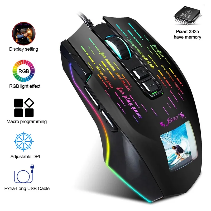 

USB Wired Gaming Optical Mouse RGB Display Screen Six Adjustable DPI Mice USB Cable Game Mouse for Desktop Laptop