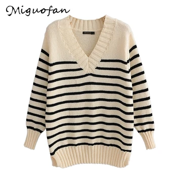 

Miguofan women striped loose sweaters casual pullovers female knit sweaters sexy V neck jumpers long sleeve vintage sweater tops