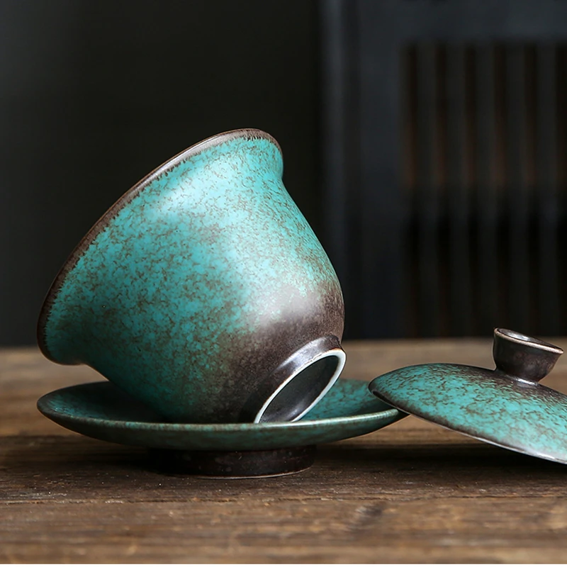 Vintage Gaiwan For Tea Pottery Tureen With Lid Green Teaware Kung Fu Tea Ceremony Set Coffee Cups Bowls Chawan 150ml