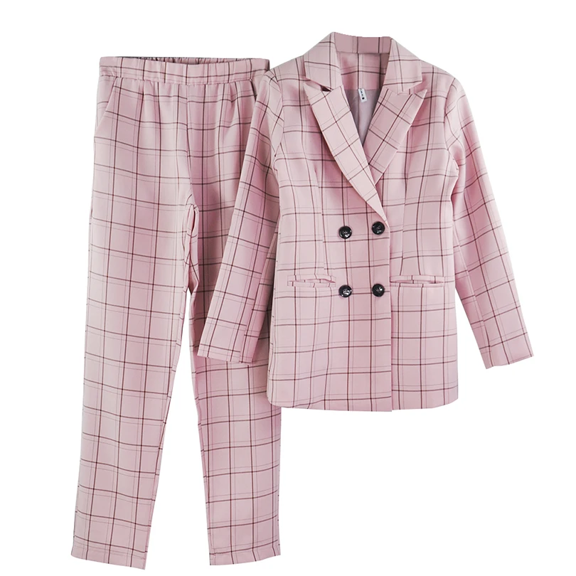 TYHRU осенние женские клетчатые топы с высокой талией и воротником с длинным рукавом+ длинные штаны комплект из 2 предметов - Цвет: Розовый