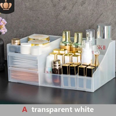 A transparent white Настольный косметический ящик для хранения, большой пластиковый туалетный ящик, настольные украшения, коробка для хранения канцтоваров для хранения мелочей - Цвет: A transparent white