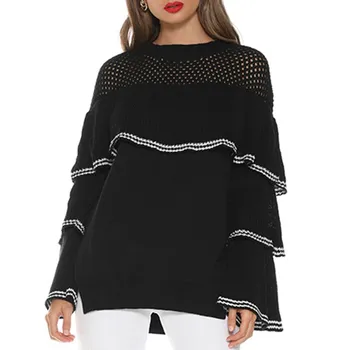 

2019 Autumn Women Flare Long Sleeve Pullover Knit Casual O-Neck Sweater Ruffles Hollow Out Sweater Pullovers