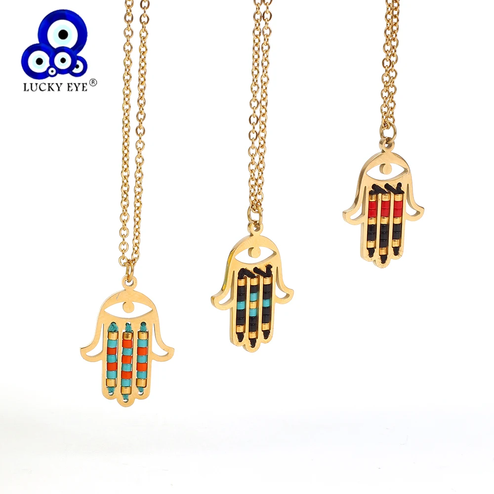 

Lucky Eye Miyuki Hamsa Hand Pendant Necklace Gold Color Chain Stainless Steel Charm Necklace Jewelry for Women Female EY6399