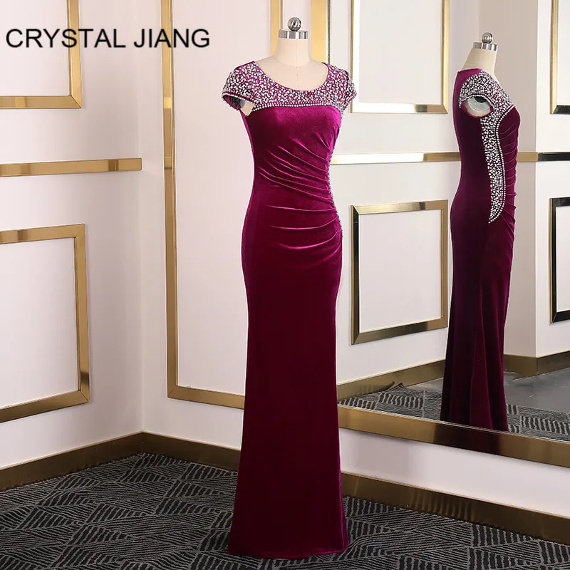 

Vestidos de fiesta de noche Formal Evening Gown Short Sleeves Heavy Beaded Trumpet Velour Evening Long Dress for Party Gowns