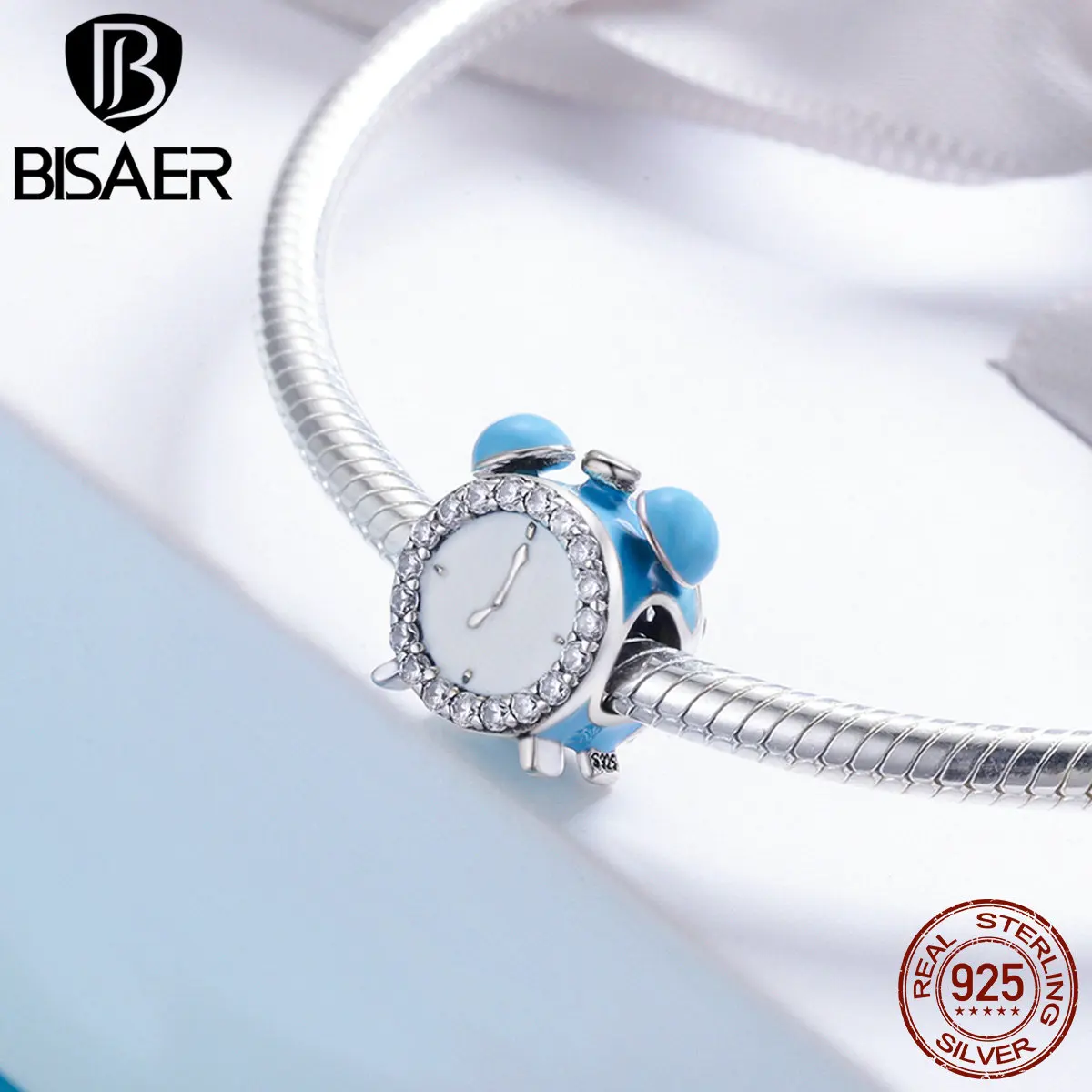 Günstig BISAER 925 Sterling Silber Charme Uhr Zeit Glücklich Uhr Glocke Klar CZ Charme Perlen fit Armband Armreifen 925 Silber Schmuck ECC659