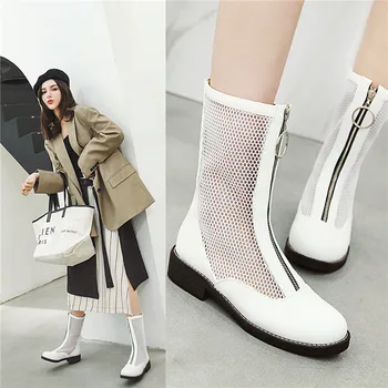 

2020 New summer boots women Ankle Botas Breathable Mesh Ladies Booties Spring and Autumn Round Head Women's Boots Black white 9
