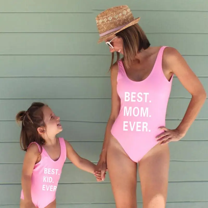 

Family Matching Swimwear Mother Daughter Swimsuit Mommy And Me Bikini Clothes Family Look print best mom kids ever Bathing Suit