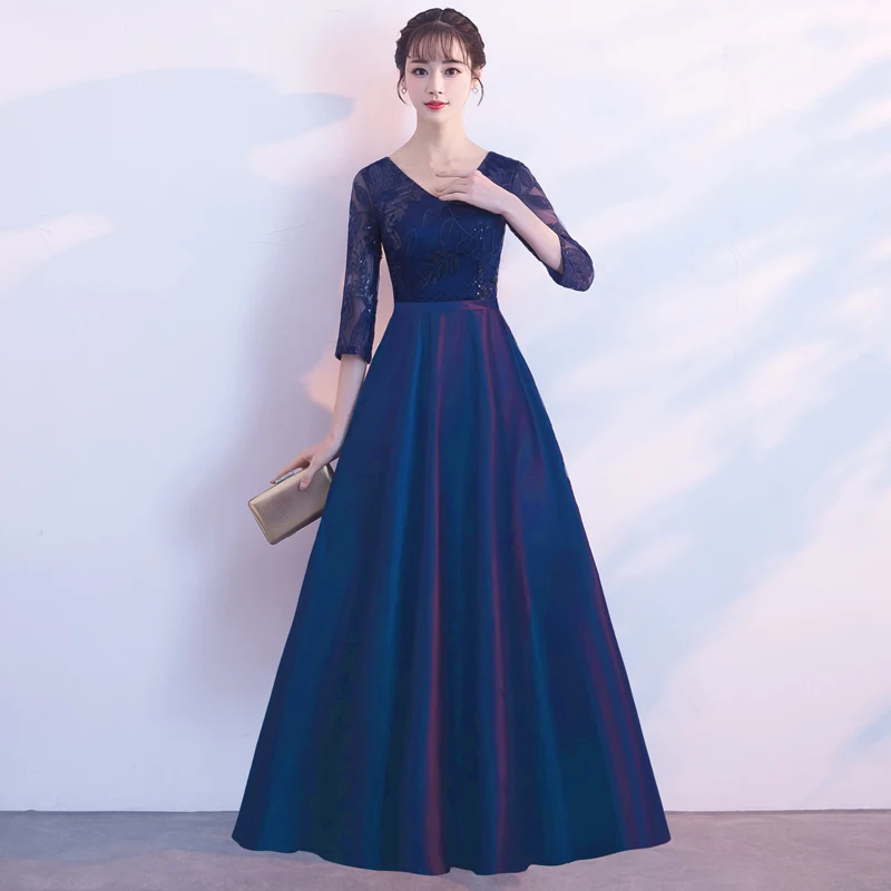 Синий блестящий Cheongsam благородное вечернее платье леди Qipao халат De Soiree Изысканная сетка Полная длина Vestidos De Festa