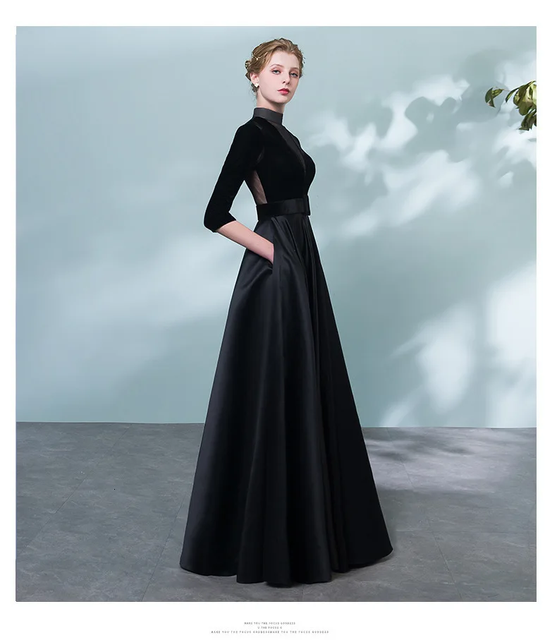 BGW Вечернее Платье черное с высоким воротом три четверти рукава Robe De Soiree атласное платье Longue De Soiree Femme