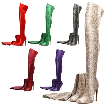 

Sexy Python Pattern Over The Knee Boots Classics Zipper Microfiber High Heels Keep Warm Short Plush Women Shoes Botte Luxe Femme