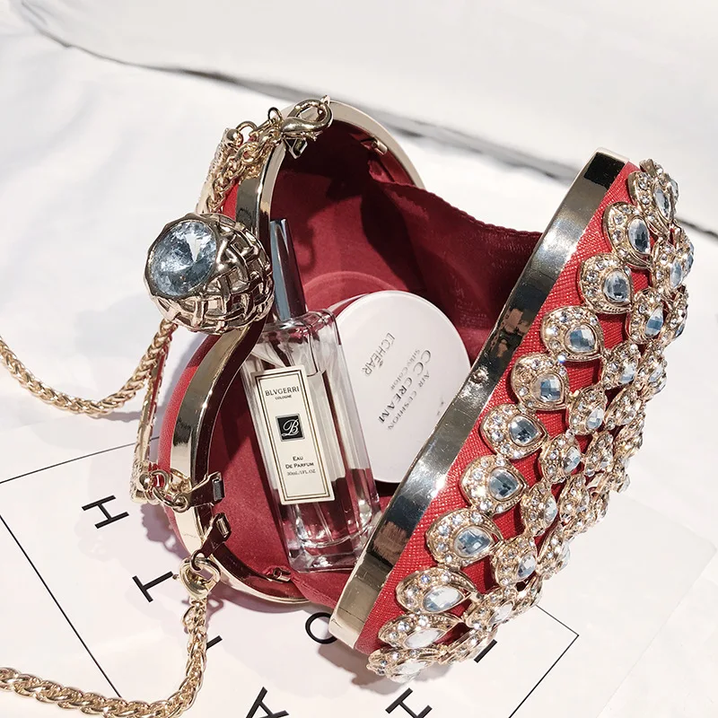 Luxury Bling Crystal Diamond Heart Women Party Handbag Wedding Evening Bag Day Clutch Chain Purse Ladies Pouch Shoulder Bag