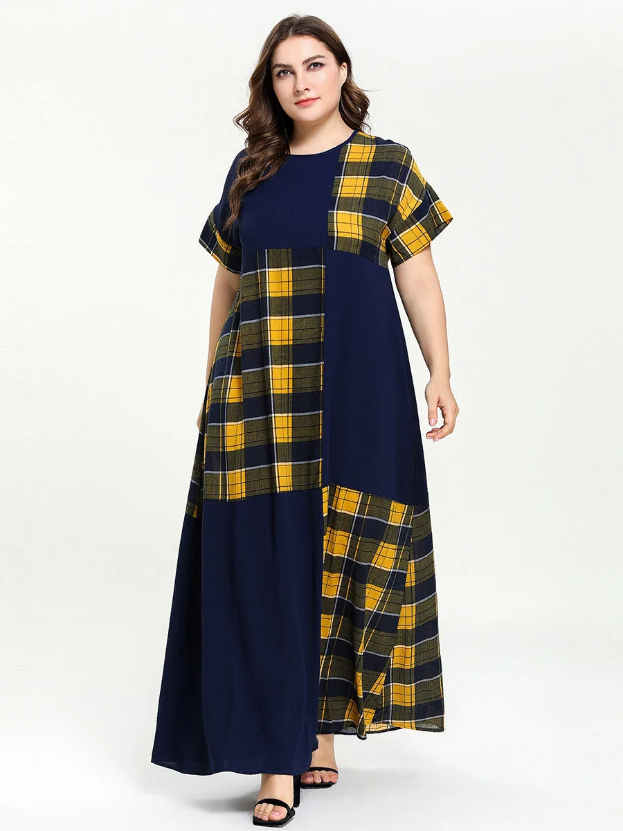 Plaid Contrast Color Elegant Dress Women Summer O Neck Short Sleeve Maxi Long Dress Plus Size Ladies Tunic Abayas Muslim Dresses