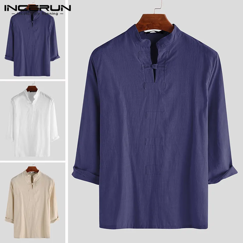 INCERUN Cotton Linen Casual Shirts Men Vintage 3/4 Sleeve Solid Chinese Traditional Tops Stand Collar Shirts Men Tang Suit