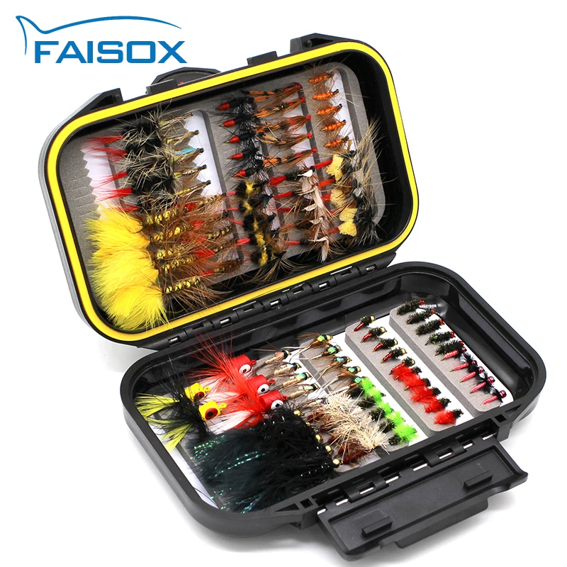 FAISOX Fly Fishing Flies Assortment Kit 100pcs Dry Wet Nyphms Popper Streamer for Trout Bass Steelhead Fish