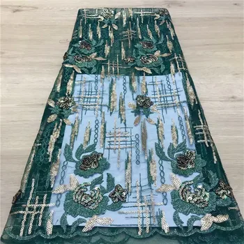 

Luxury green velvet lace fabrics clothing latest Nigerian French tulle lace sequins high quality African sequins lace fabrics