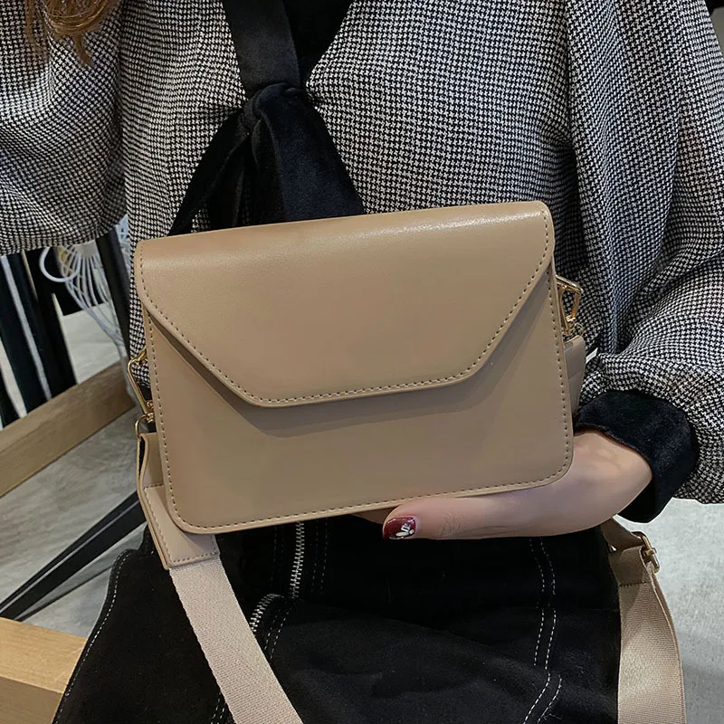 

2020 new ladies pu leather solid color handbag casual wide shoulder strap shoulder small square bag Messenger bag