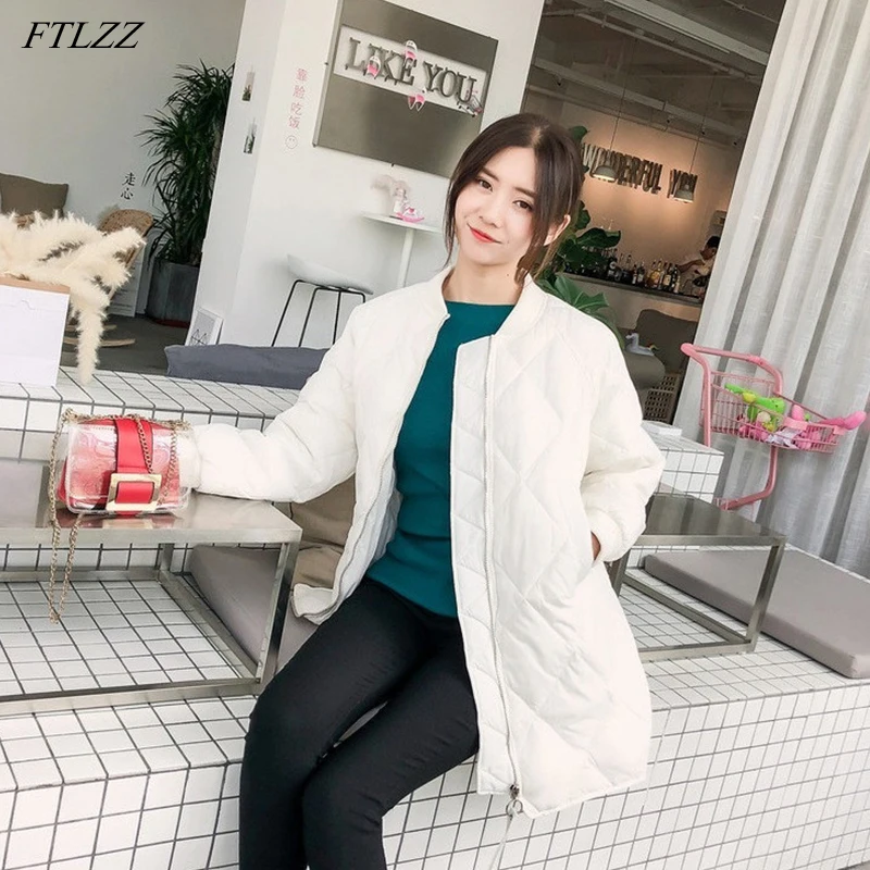

FTLZZ New Winter 90% White Duck Down Jacket Coat Elegant Women Baseball Collar Jacket Outwear Casual Loose Solid Long Coat