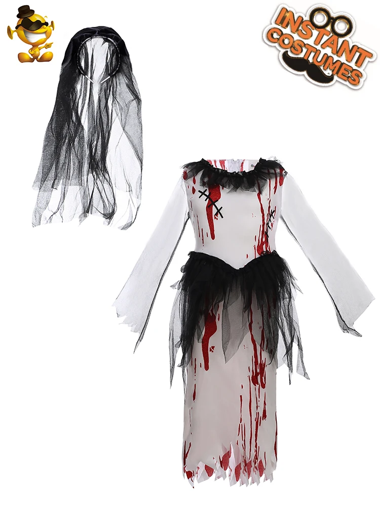 Kids Zombie Bride Costume - Horror Bloody Vampire Masquerade Stage Outfit image 5