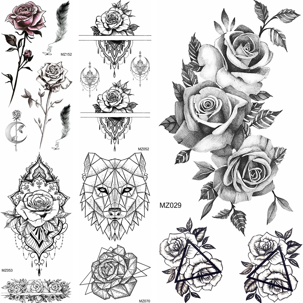 Realistic Fake Waterproof Temporary Rose Plum Lily Tattoo Stickers Women Black Tattoos flower Geometric Body Arm Art Painting | Красота и