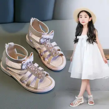

Girls Sandals Soft Bottom Big Princess Shoes Summer New Children's High Roman Shoes Baby Princess Crystal Beach Shoes
