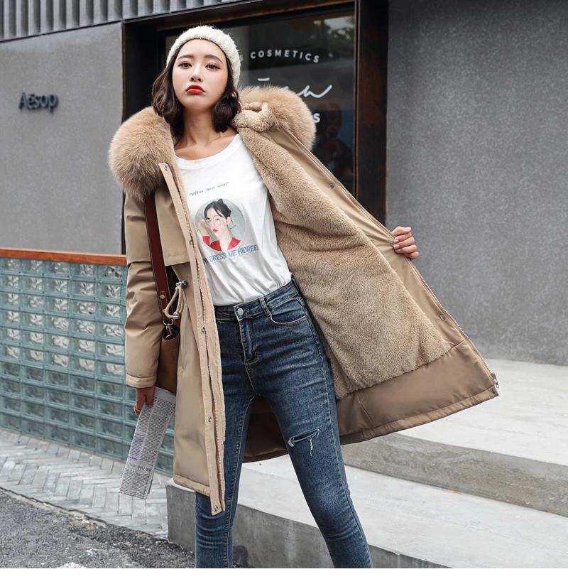 Fashion Solid Cotton Liner Parker Autumn Winter Jacket Women Drawstring Slim Medium Long Down Parka Hooded Fur Coat Female