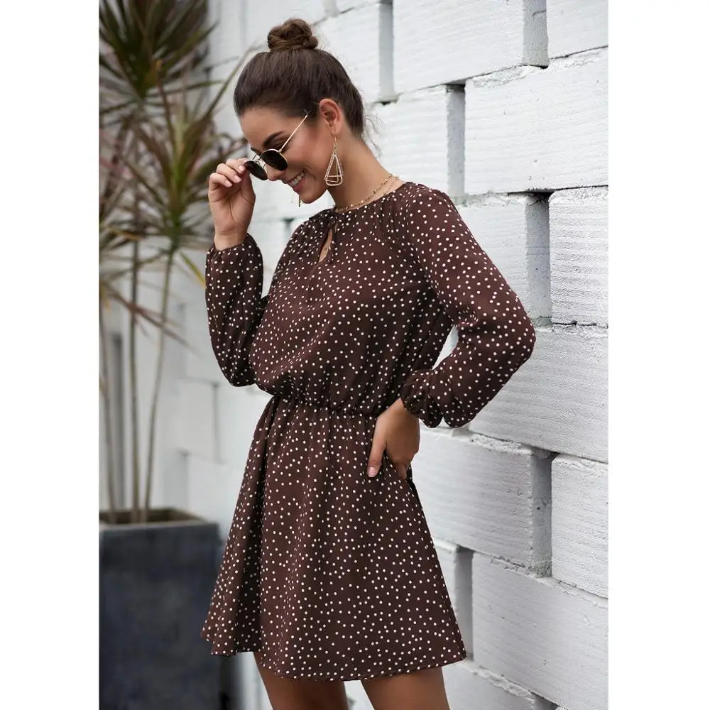 Boho style женское платье с принтом в горошек, с открытой шеей, с пятнистым поясом, с длинным рукавом, средней длины, для женщин, Осеннее сексуальное элегантное платье с круглым вырезом