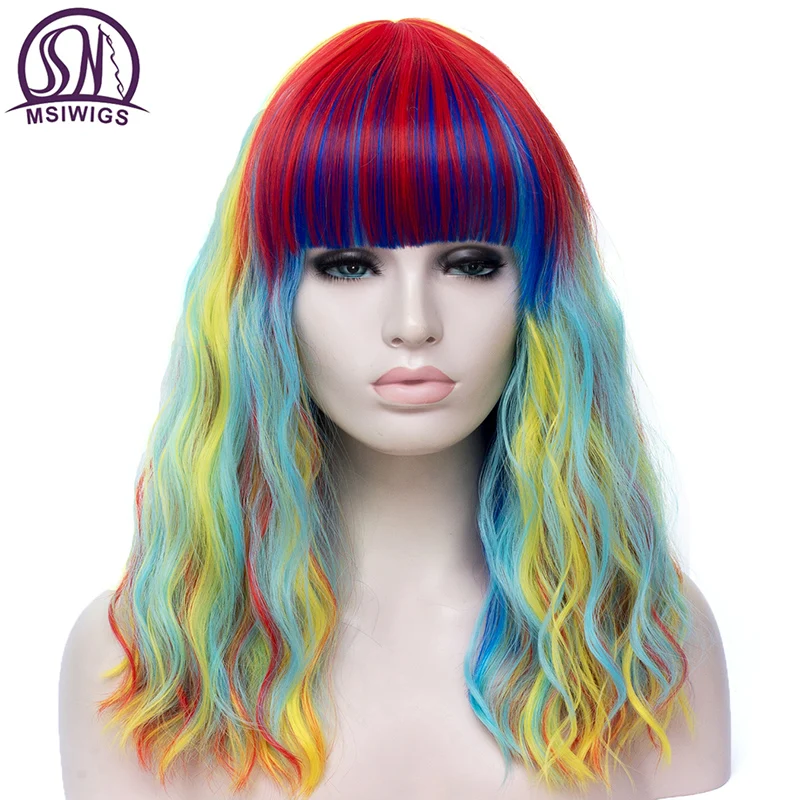 

MSIWIGS Lolita long Wavy Rainbow Wig with Bang High Temperature Fiber Synthetic Cosplay Wigs for Girls Halloween