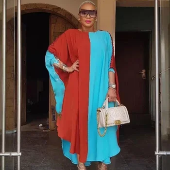 

2020 Summer Fashion New Arrival African Dashiki O-Neck Bat Sleeve Contrast Color Long Maxi Dress African Women Party Robe Dress