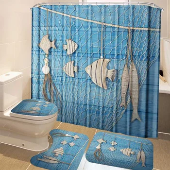 

4pcs 3D Pattern Shower Curtain Set Bath Mats Rugs Waterproof Bathroom Curtain Non-Slip Rug Toilet Cover Set Bathroom Accessories