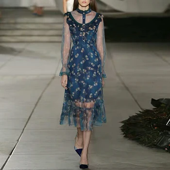 

Runway Designer Sexy Lace Tulle Flared Long-Sleeved Retro Printing Flower Ruffles Slim Mid-Length Women'S Dress Designer