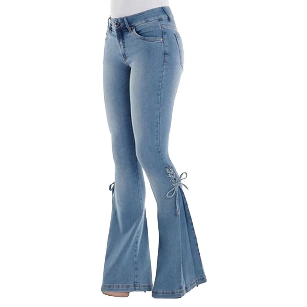Macacao feminino размера плюс, женские винтажные расклешенные джинсы на шнуровке с бантом, Узкие Широкие джинсовые штаны, легко сочетающиеся