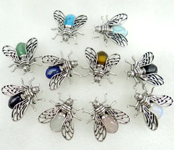 

Natural stone pendant mix Turquoise lapis quartz crystal animal bee archaize silver brooch pendant jewelry making 10pcs