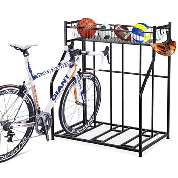 

3 Bike Storage Stand Rack Shelf with Extra-Wide Top Basket Strong Durable Steel Quickly Easy Install Black[US-Stock]