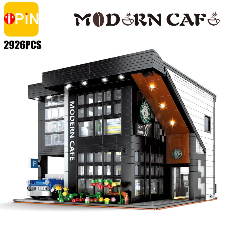 cardboard stacking blocks Modern Coffee Shop Model City Architecture Street View Building Blocks Cafe Construction Set Moc Bricks DIY Assembled Toys Gifts wooden building blocks Blocks