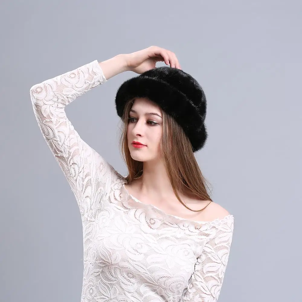 Новые зимние норковые меховые шапки женские теплые модные норковая кожа натуральный вязаный натуральный мех шапка пушистые черные меховые шапки головные уборы - Цвет: black