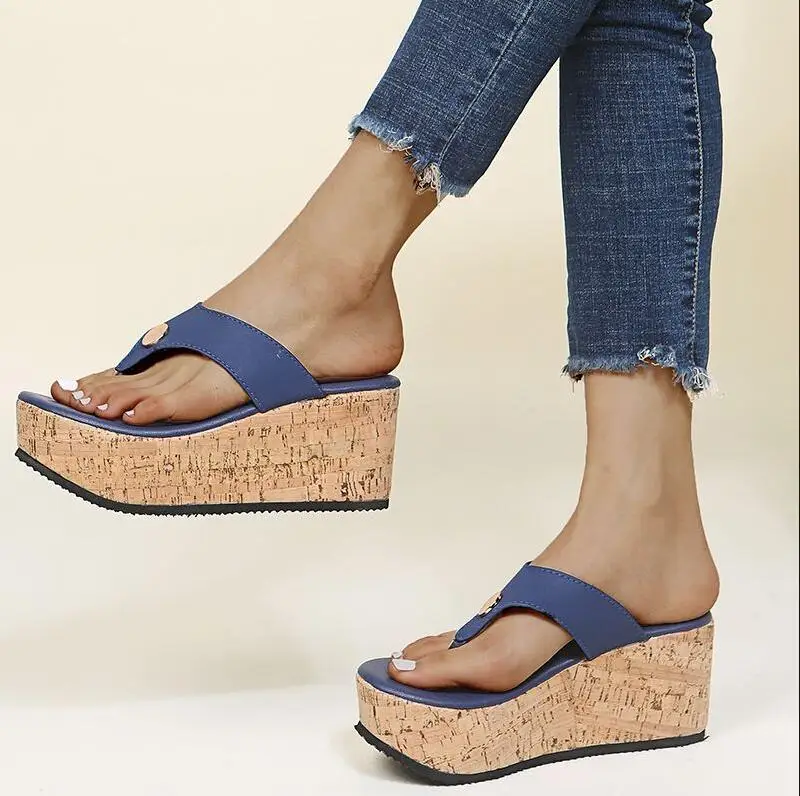 Plus size women’s beach wedge sandals with platform sole and open-toe summer design blue