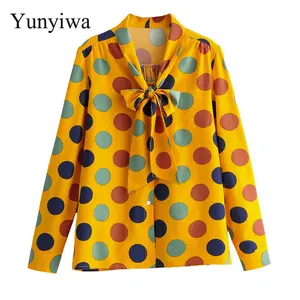 Women's New Bow Dot Pattern Printed Long Sleeve Shirt Womens Blouse Tops Sexy Party Blouses Clothes Blusas Camisas Mujer