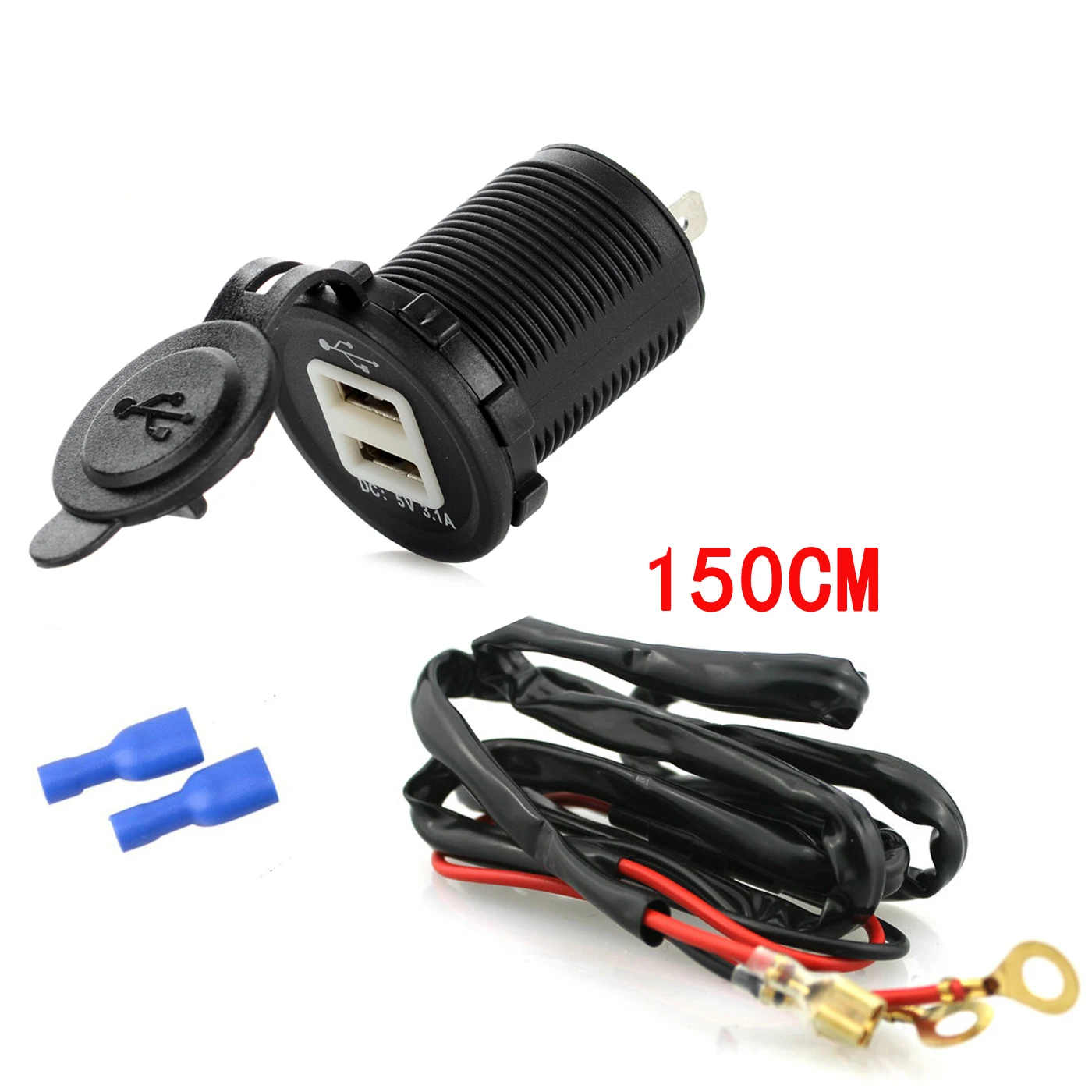 DC 12~ 24V 3.1A DIY водонепроницаемый двойной USB Автомобильное зарядное устройство адаптер автомобильное USB зарядное устройство с синий светильник 25 см/60 см/150 см кабель предохранитель - Название цвета: With 150cm Cable