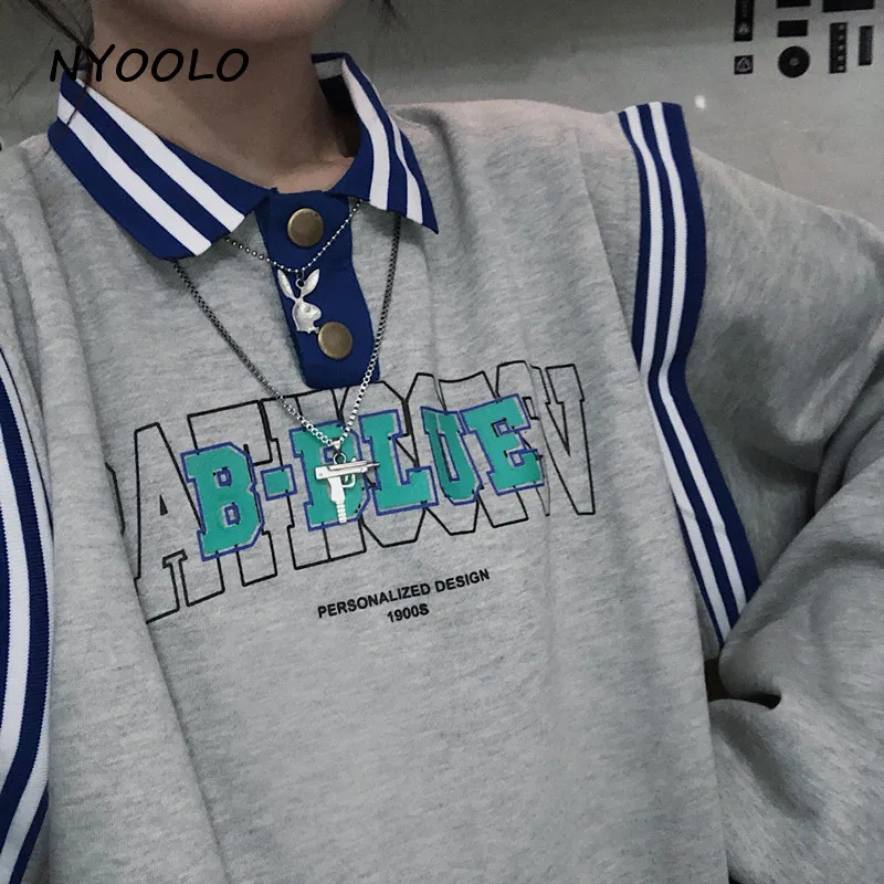 NYOOLO, Осень-зима, с буквенным принтом, в полоску, пэчворк, свободный, с длинным рукавом, воротник поло, теплый флис, пуловеры, Толстовка для женщин и мужчин